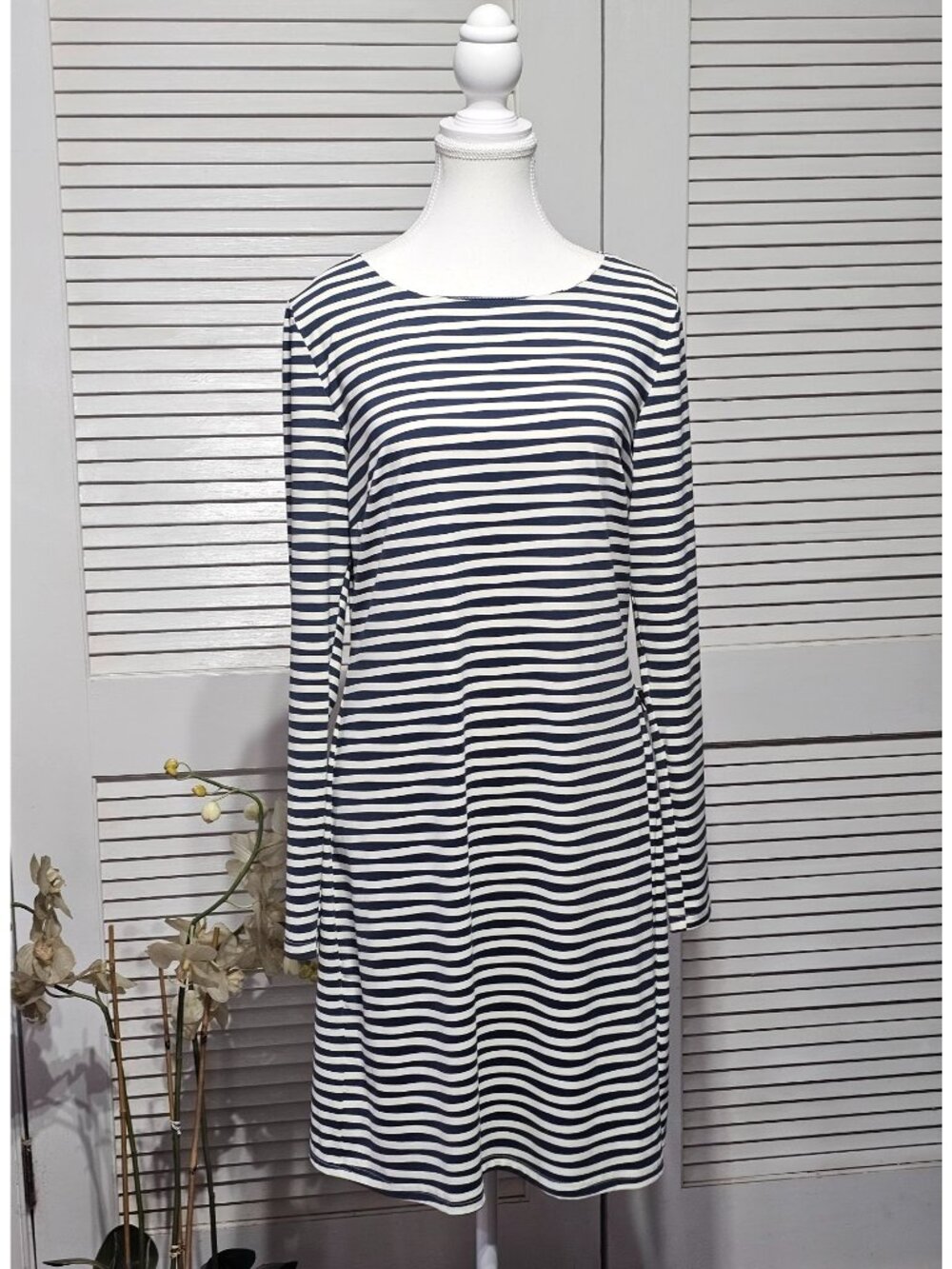 Ellie Kai Women's Navy Blue White Striped Long-Sleeve Shift Dress Size 10 3671